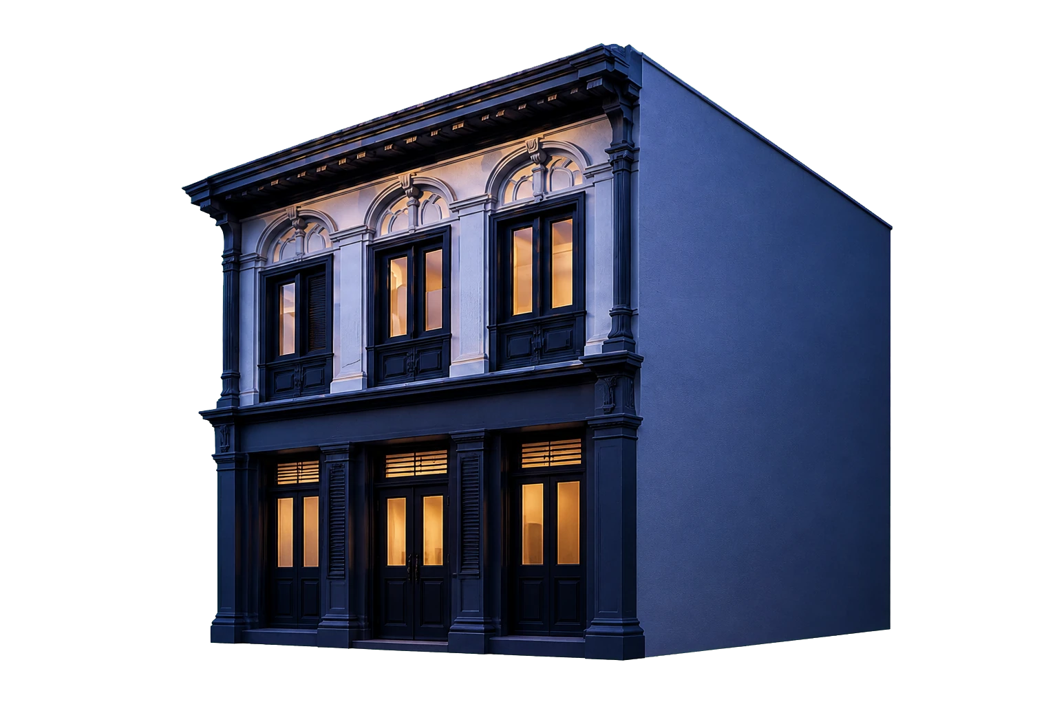A restored Singapore shophouse façade lit from within at dusk